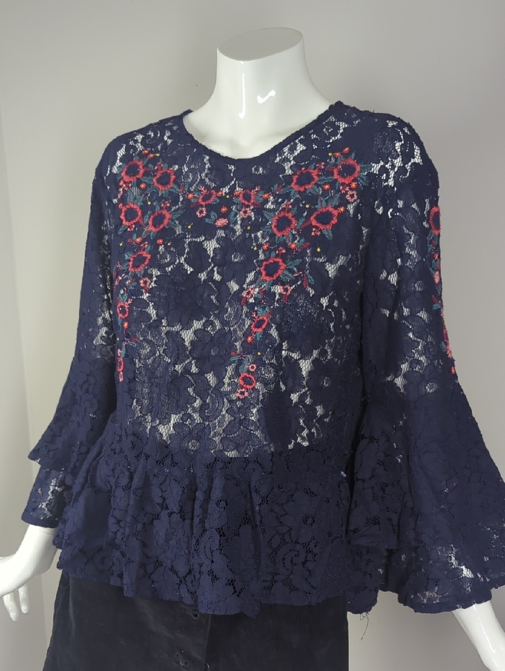 Luna Moon Lace Peplum Top Small Navy Blue Floral Embroidered Boho Romantic Blous